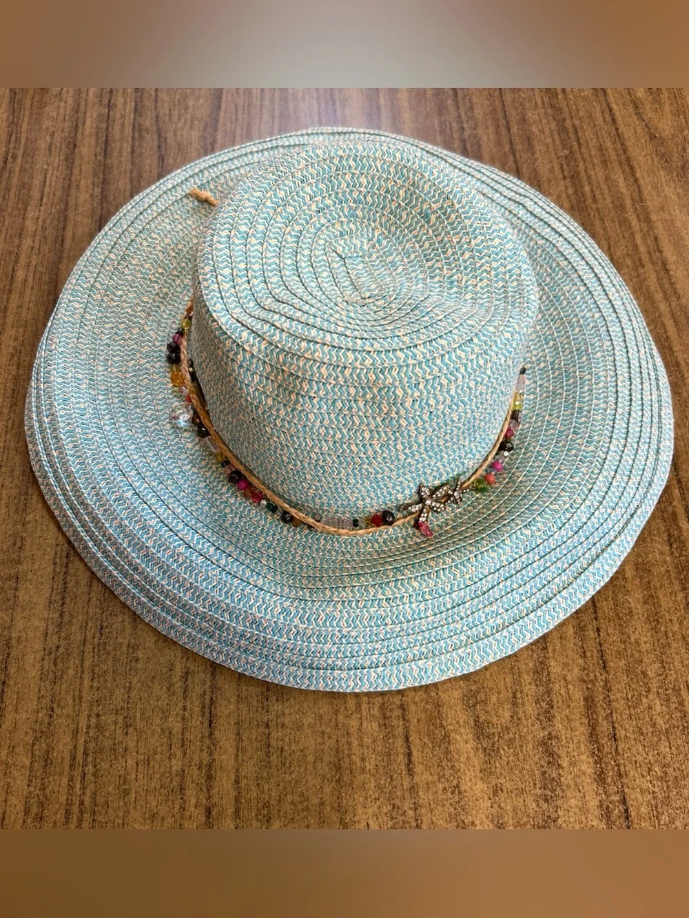 Cappelli Straworld Striped Wide Brim Sun Hat Turquoise w/Beaded Band One Size